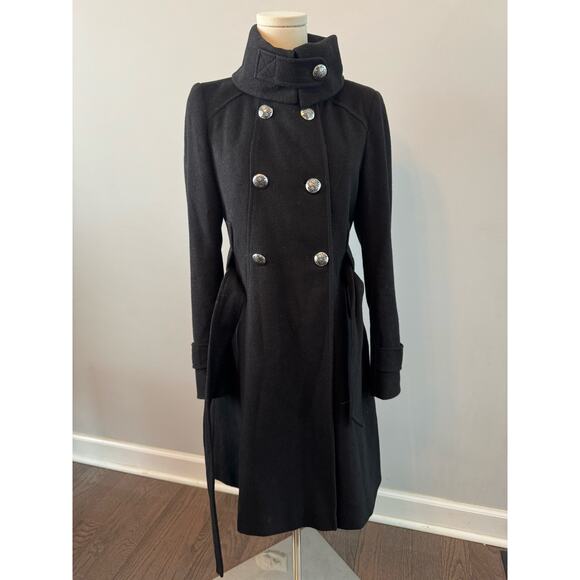 Tahari Italian Wool Long Coat, Double Breasted with Belt & Funnel Neck Military - Picture 4 of 8